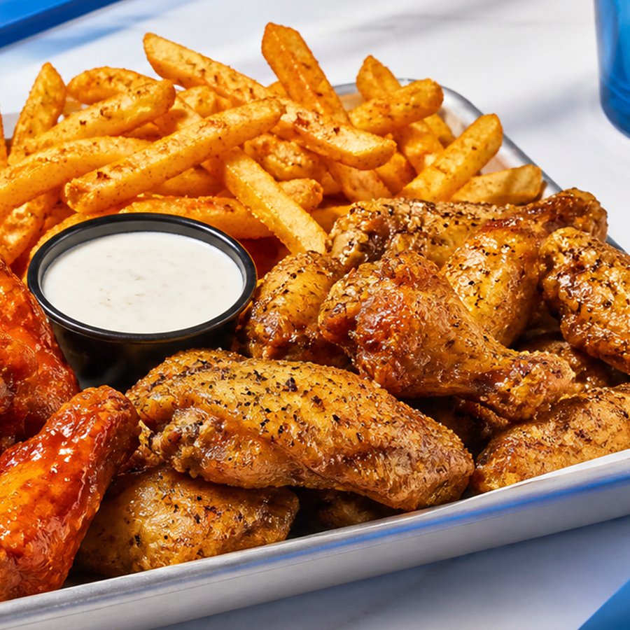 Seasoned fries on a bright serving tray