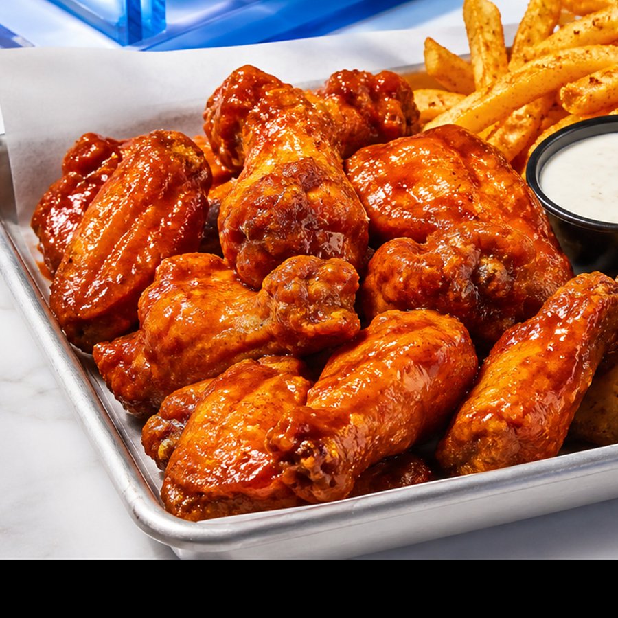 Close-up of crispy wings and ranch dipping sauce